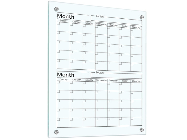 Glass Whiteboard Calendar Dry-Erase White Board Planner Glass Large Wall Mounted Calendar with Marker Tray for Wall Home or Office(Transparent,24'...