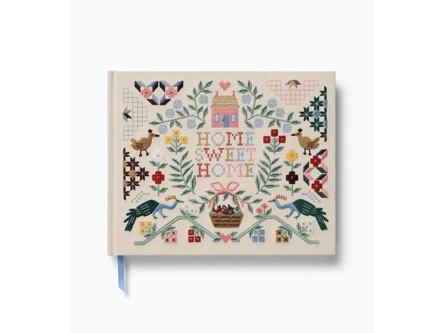 Home Sweet Home Embroidered Fabric Guest Book, Hard Cover Wrapped in Book Cloth & Ribbon Bookmark, (144 Ruled Pages Metallic Gold Ink, 10.25' W x...