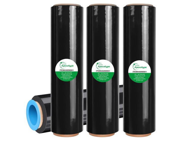 18' x 1500' Black Plastic Shrink Wrap Roll - 80 Gauge, 500% Stretch Industrial Strength Moving Wrap, Heavy Duty Pallet & Furniture Protection - 4...