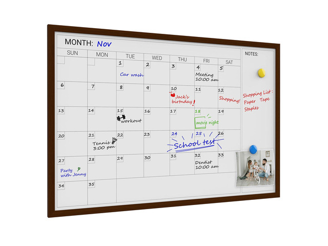 Dry Erase Calendar Whiteboard for Wall, Magnetic Dry Erase White Calendar Board with Brown Wood Frame, 36 * 24 inches Decorative Planner Board for...