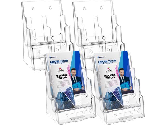 Acrylic Brochure Holder 8.5 x 11 with Divider, 3 Tier, 4 Pack Clear Acrylic with Slanted Back for Stable Display, Wall or Countertop Use,.