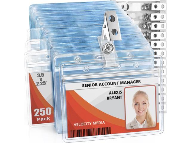 2.25x3.5 Horizontal ID Name Badge Holder w/Clip & Straps - 250 Pack clear plastic identification name tag holders with metal bulldog clips and.