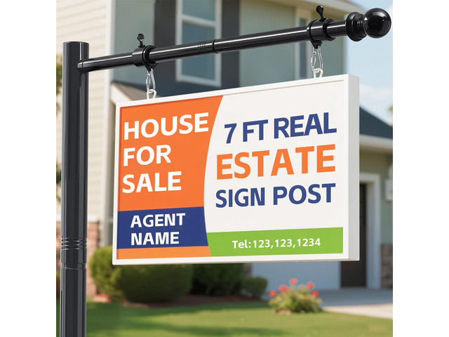 Real Estate Sign Posts 7FT Wind-Resistant Yard Sign Holder with Adjustable 32 Arm for Outdoor Realtor Sign Heavy Duty Metal Yard Sign Stakes Stand 2PC