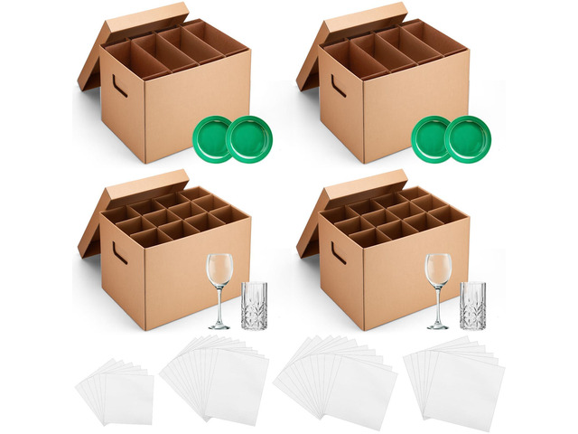 4 Sets Kitchen Moving Boxes with Divider and Lid Kits for Dish Glassware Wine Glass Packing with Handle Included 15 x 12 x 10 Inch Cup and Plate...