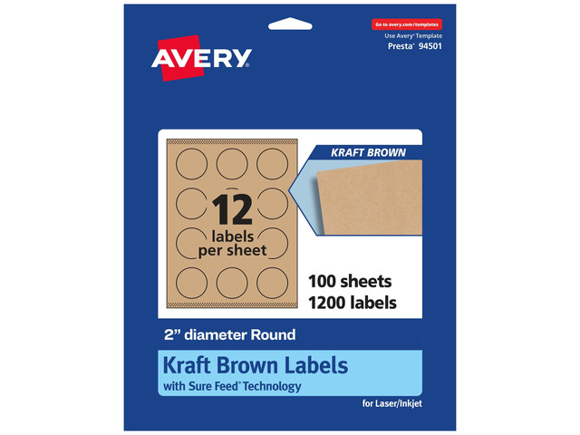 Kraft Brown Round Labels, Sure Feed Technology, 2' Diameter, 1,200 Kraft Brown Labels, Print-to-The-Edge, Laser/Inkjet Printable