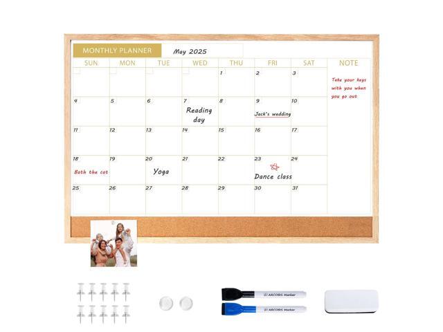 Calendar Whiteboard with Cork Board, 36'x24' Wood Frame Dry Erase Calendar for Wall, Magnetic Monthly Combination Board for Home, Office, School,.