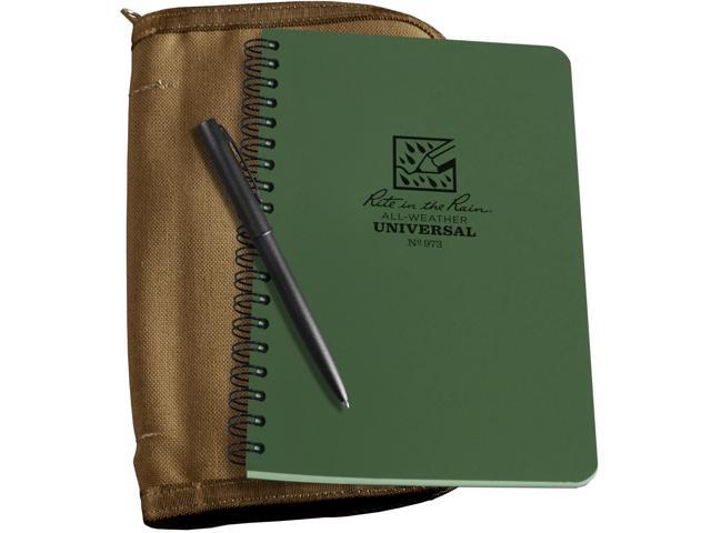 Weatherproof Side Spiral Kit: Tan CORDURA Fabric Cover, 4.625' x 7' Green Notebook, and Weatherproof Pen (No. 973-KIT)