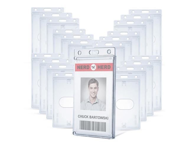 50 Pack Frosted Clear Vertical Hard Plastic ID Card Holders- Rigid Plastic ID Card Protector Case W/Thumb Notch and Slot & Chain Holes for School...