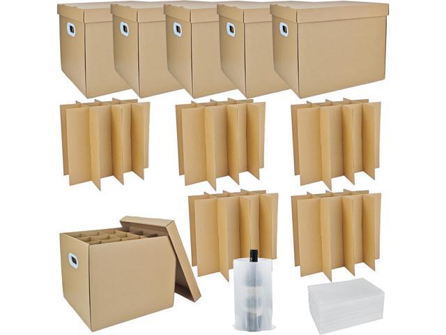 5 Sets Moving Boxes with Divider Kits, 16 x 13 x 13 Inch Box with Lid for Glassware Wine Packing Kitchen Moving Box Corrugate Dividers with 60 Pcs.