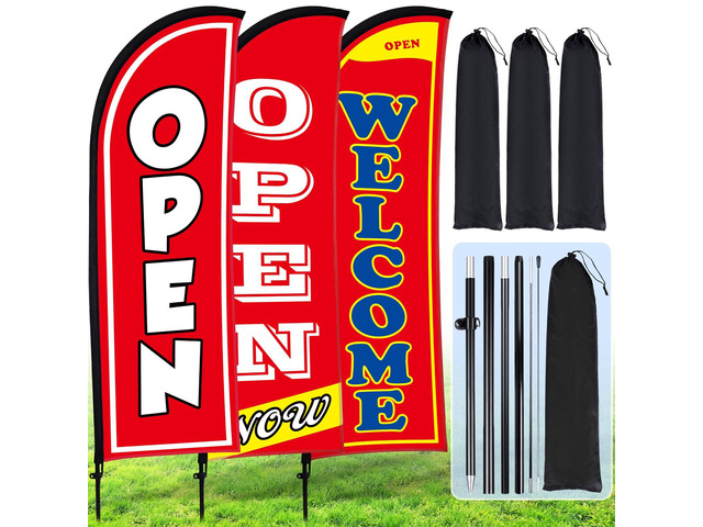 3 Sets Now Open Feather Flag Banner for Business Advertising 7 Feet Tall Grand Opening Feather Flag Sign with Fiberglass Pole Kit Rotating Ground...