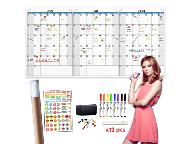 Large Dry Erase Wall Calendar - 36'x72' Undated 3-Month Calendar for Home, School, Office Projects - Jumbo Reusable Task Organizer