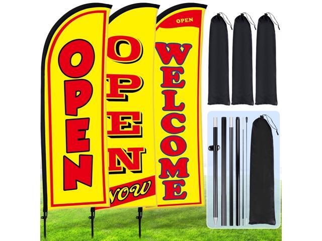 3 Sets Now Open Feather Flag Banner for Business Advertising 7 Feet Tall Grand Opening Feather Flag Sign with Fiberglass Pole Kit Rotating Ground.