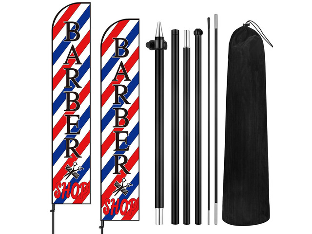 2 Set Barber Flag Barbershop Themed Swooper Flag Banner with Pole Kit Open Feather Barber Sign for Salon Business Advertising Outdoor Outside(14.8 Ft)