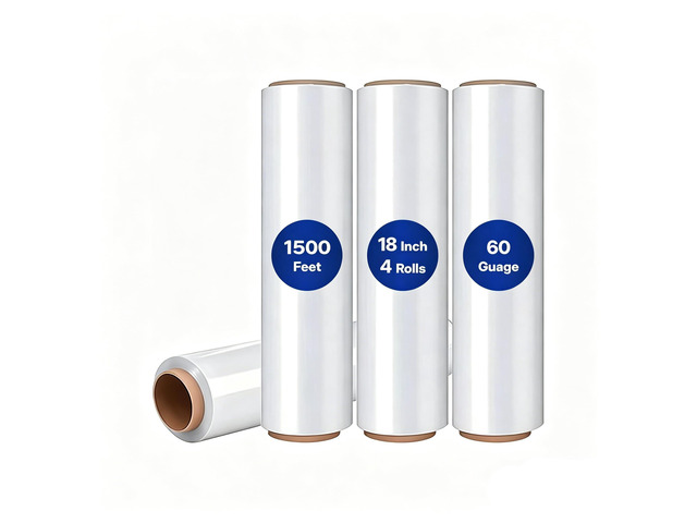 Plastic Wrap Stretch Film - Industrial Strength up to 600% Stretch 20 Microns Clear Durable Adhering Packing Moving Heavy Duty Shrink Film Box of 4...