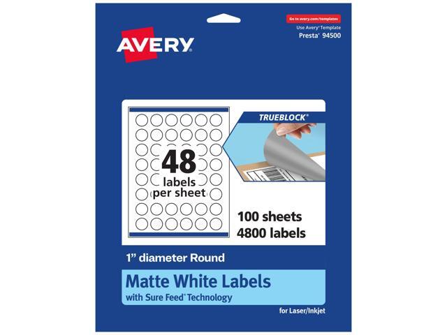 ® TrueBlock® Matte White Round Labels, Sure Feed® Technology, 1' Diameter, 4,800 Matte White Labels, Print-to-The-Edge, Laser/Inkjet Printable,.
