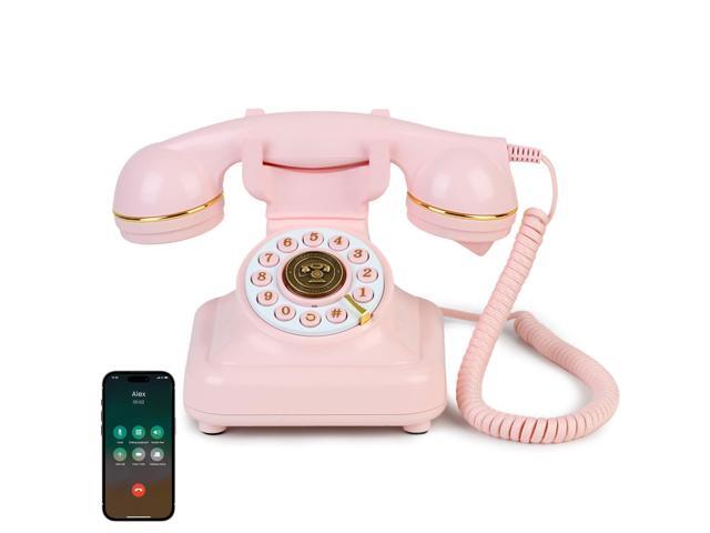 Vintage Bluetooth Phone, Retro Desk Telephone with Gold Accents, Loud Nostalgic Ringtones, Bluetooth Connects to Smartphone for Home & Office, Pink