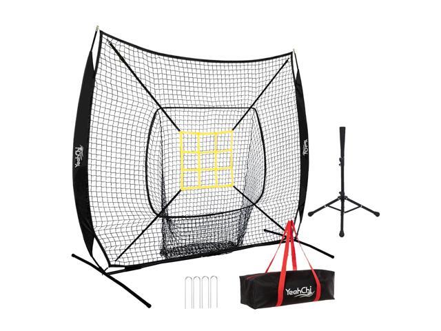 7x7 Ft Baseball and Softball Training Net with Batting Tee, Strike Zone Target, Portable Hitting and Pitching Practice Set