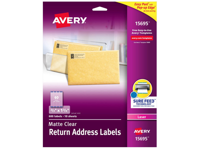 Matte Clear Return Address Labels,Sure Feed Technology,Laser, 2/3' x 1-3/4', 600 Labels, 5 Packs (15695)