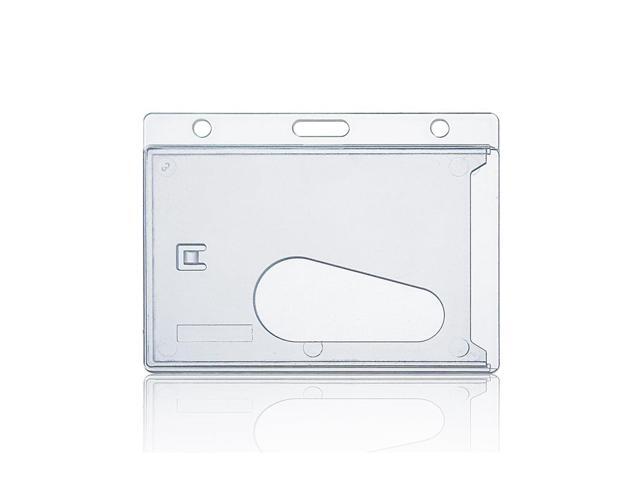 Bulk 50 Pack Horizontal Hard Plastic Badge Holder, Frosted Clear Heavy Duty ABS, Easy Thumb Access, Rigid Case Single ID Protector Card Holder...