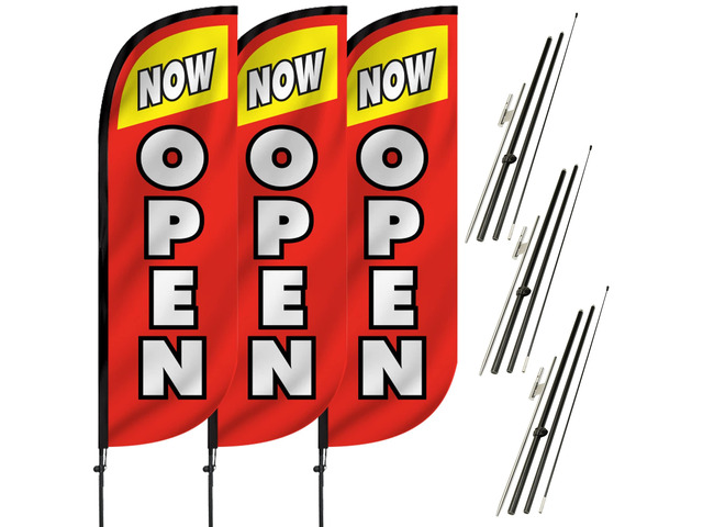 Feather Flag Pole Kit 3-Pack Bundle - 7ft Tall Grand Opening Advertising Banners with Poles and Ground Spikes - Now Open Red & Yellow