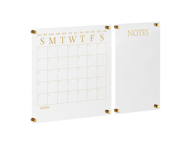 Grayson Acrylic Wall Calendar and Notes Board with Dry Erase Marker, Clear with Gold Print, Set of 2