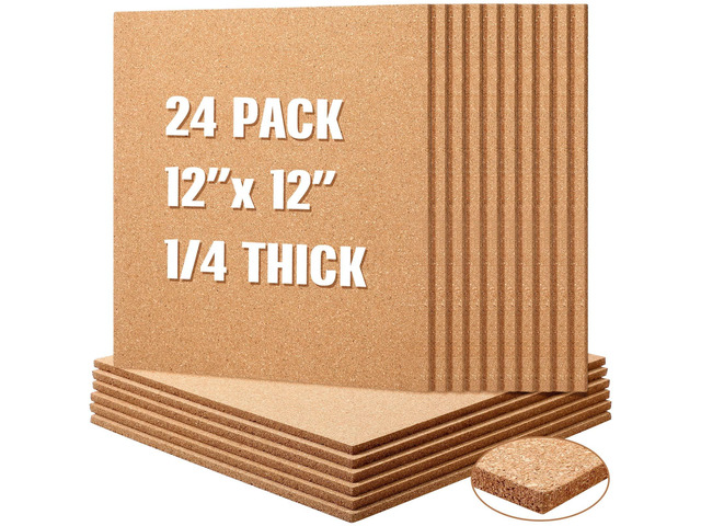 24 Pcs Cork Board Tiles Bulletin Boards 12'x12' 1/4' Thick Square Natural Cork Sheets with Self Adhesive Backing Brown Corkboards for Wall School...
