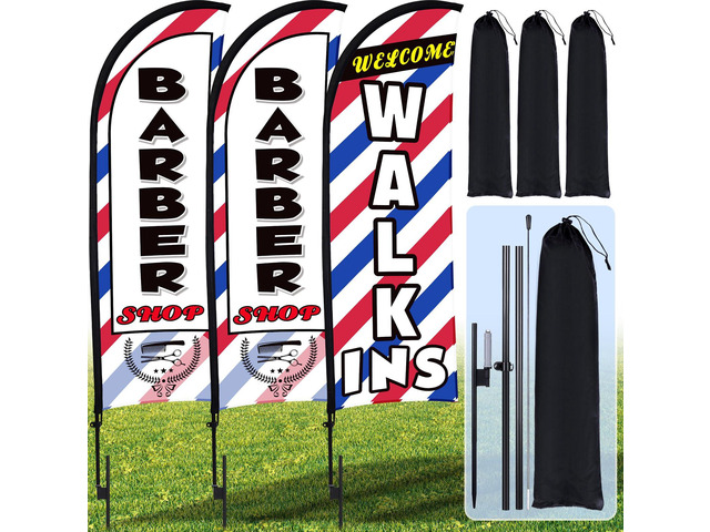 3 Sets 12ft Barber Shop Welcome Walk Ins Feather Flag Signs Barbershop Banner Swooper Flag with Flagpole Ground Stake Portable Bag for Salon...