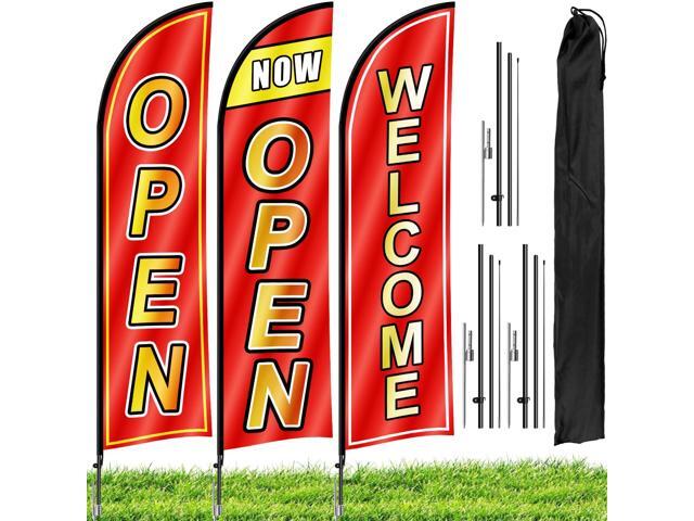 3 Sets Open Feather Flag Pole Kit, 9.2 Feet Tall Grand Opening Flag, Sign Advertising Flag Banner, Now Open Theme Feather Flags with Ground Stake...