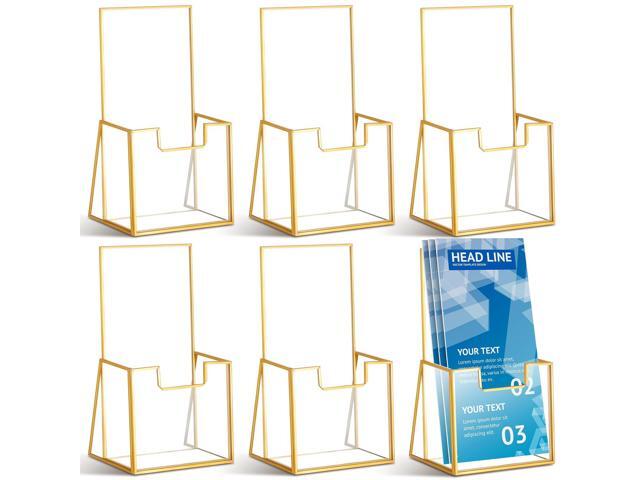 6 Pcs Gold Glass Brochure Holder for 4 Inch Pamphlets Trifold Literature Holder Tabletop Clear Stand Pamphlet Flyer Brochure Display Stand for.