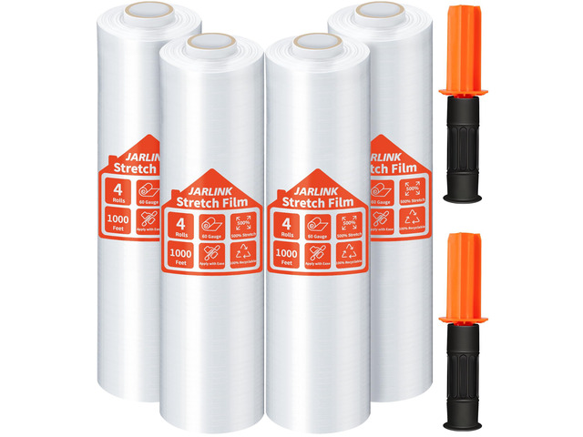 Stretch Film, 15' x 1000' Shrink Pallet Wrap W/Handles, 60 Gauge 4 Pack Clear stretch wrap Rolls, Industrial Strength Heavy Duty Plastic Stretch...