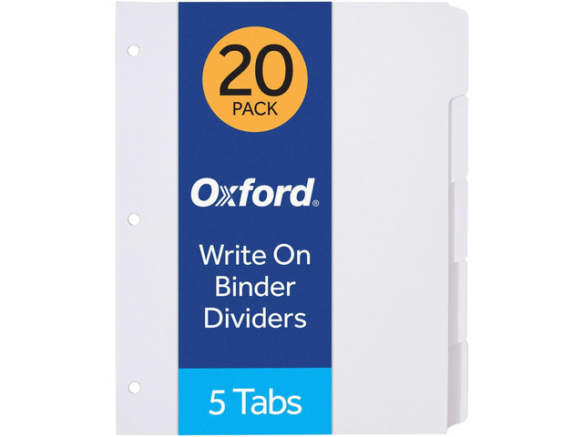 Blank Write On Binder, 1/5 Cut Tabs, 3 Hole Punch Dividers in 5 Tab Sets, 100-Dividers, 20 Sets, White (89981) (Pack of 5)