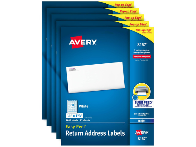 Mailing Address Labels, Inkjet Printers, 10,000 Labels, 1/2 x 1-3/4, Permanent Adhesive, Easy Peel (5 Packs 8167)