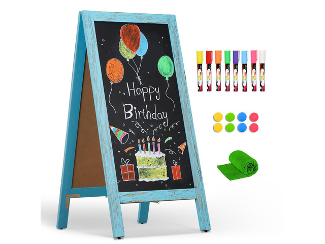 A-Frame Double-Sided Magnetic Chalkboard 40'x20', Blue Solid Pine Wood, Freestanding Sandwich Board, For Business, Restaurants, Cafes, Weddings, 8...