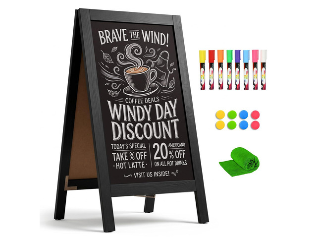 A-Frame Double-Sided Magnetic Chalkboard 40'x20', Solid Pine Wood Freestanding Sandwich Board for Restaurants, Cafes, Weddings (Black)