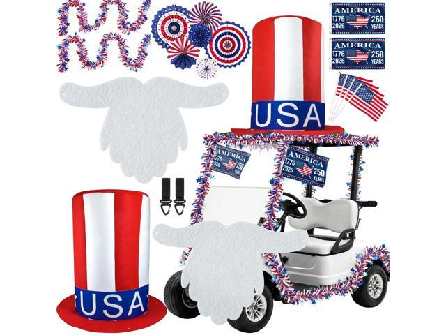 4th of July Golf Cart Decoration Kit for Parade Patriotic Car Decorations with Giant Hat, Beard, Tinsel & Flags, Red White Blue Vehicle Decor for.