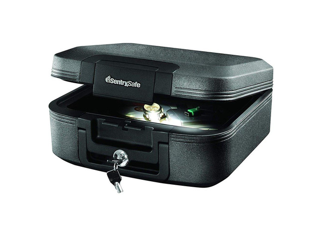 Fireproof and Waterproof Chest Box with Key Lock, Black Travel Safe with Interior Lighting and Carrying Handle, 0.28 Cubic Feet, 6.6 x 15.4 x 14.3...