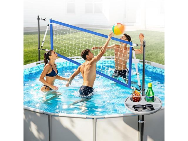 Above Ground Pool Volleyball Net Set with Storage Tray - Swimming Pool Volleyball Net for Pool with Adjustable 10-20FT Width Anti-Sagging Net -.