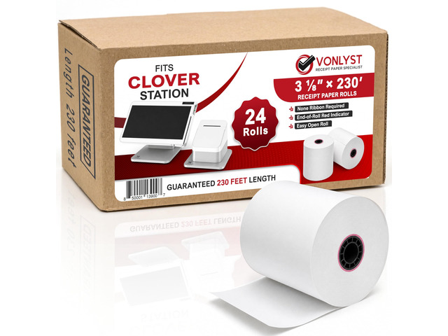 Clover Station Receipt Paper Rolls 3 1/8' x 230' (24 Pack) Thermal Paper for Clover Station & Duo C505, Compatible P100 P500 P550 BPA Free POS...