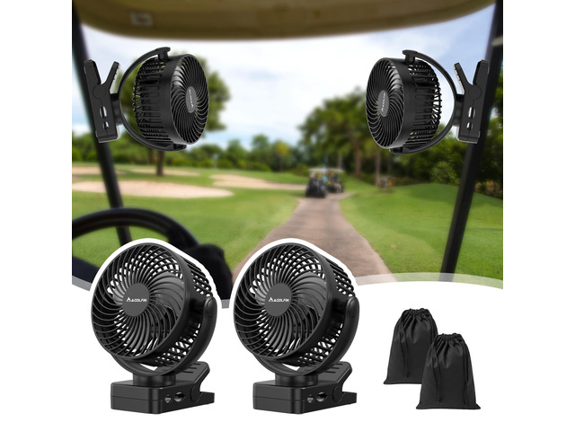 2-Pack Magnetic Clip on Fan for Golf Cart, 12000mAH Battery Operated Portable Fan with 3 Speeds, LED Lantern, Magnetic Base, Suitable for EZGO Club...