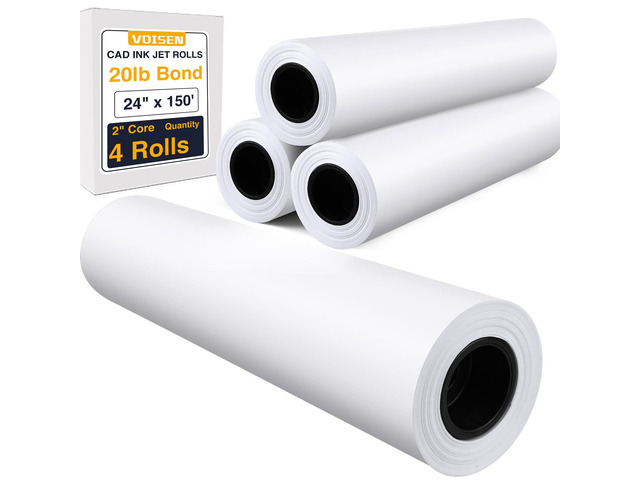 Wide Format Paper,4 Rolls Plotter Paper 24 In x 150 Ft, CAD Bond Rolls,20lb,Bond Paper on 2' Core for CAD Printing on Wide Format Ink Jet Printers