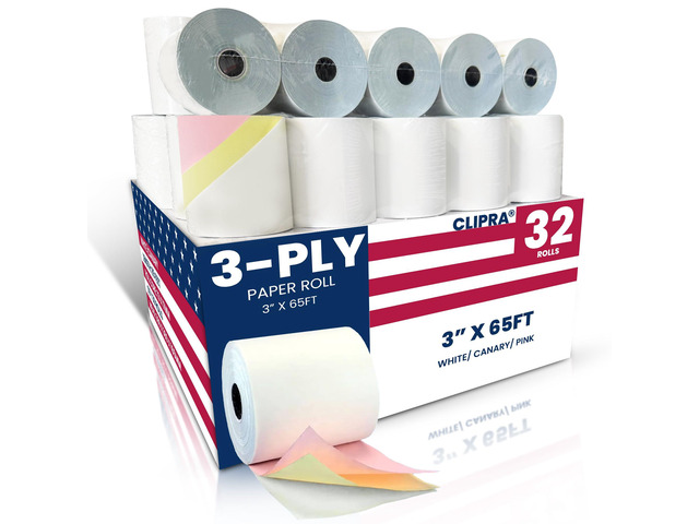 (32 Rolls) Kitchen Printer Paper [White/Canary/Pink] Carbonless Rolls 3 x 65 Feet Receipt Paper Rolls - Compatible with Star SP700,TMU 220, 2 Ply...