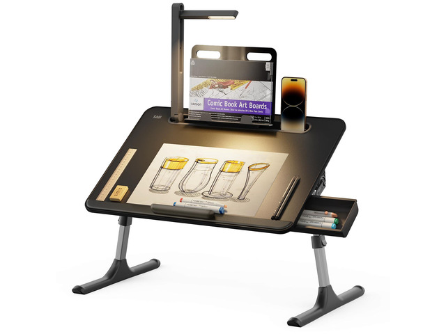 Laptop Table with LED Desk Light, Laptop Stand for Bed Height Adjustments Bed Desk with Book Stand for Reading Writing Drawing (Black)