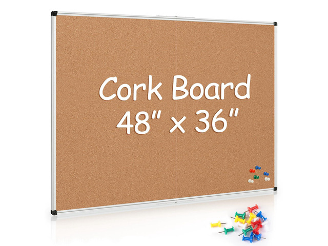 Cork Board Bulletin Board 36 x 48, Silver Aluminium Framed 4x3 Corkboard, Foldable Office Board for Wall, Large Wall Mounted Notice Pin Board with...