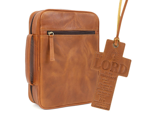 Leather Bible Cover for Men Bible Case for Women Zippered Holder Protector Cross Church Tote Bag Carrying Organizer Sleeve Gift Study Tan