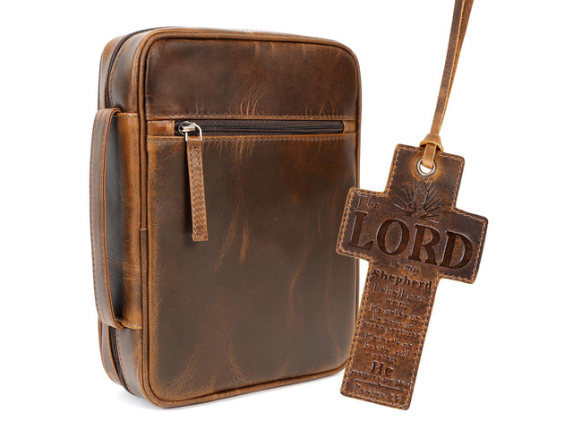 Leather Bible Cover for Men Bible Case for Women Zippered Holder Protector Cross Church Tote Bag Carrying Organizer Sleeve Gift Study Antique