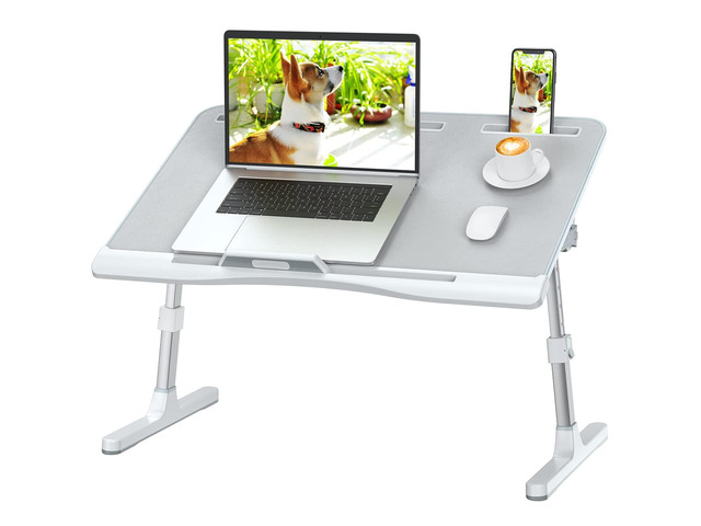 Laptop Bed Tray Desk with Adjustable Height & Angle, No Drawer, Grey Foldable PVC Leather Desktop Laptop Lap Desk for Bed/Sofa/Couch/Floor