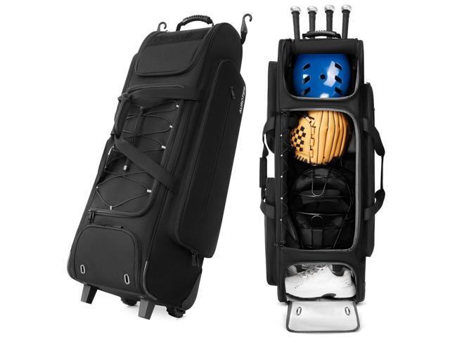 Large Rolling Baseball Catchers Gear Bag with Wheels, Wheeled Softball Bag for 4 Bats with Fence Hooks Waterproof Pocket Shoe Compartment for.