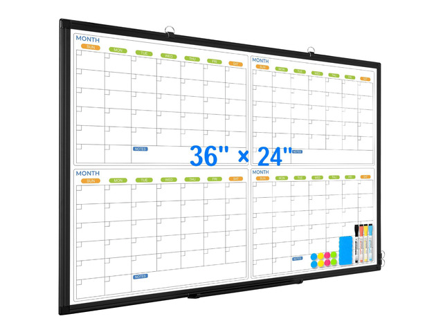 White Board Calendar 36 x 24, 4 Month Wall Whiteboard Dry Erase Magnetic Whiteboard Calendar Planner, Black Aluminum Frame Dry Erase Board for...