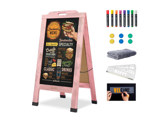 Magnetic Portable A-Frame Chalkboard Signs, 40' Ã— 20', Pink Solid Pine Wood, Sandwich Board, for Business, Wedding, Vendor Display, 8 Markers, 6...
