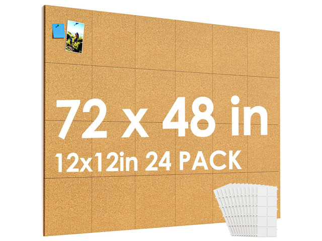 72' x 48' Large Cork Board for Wall, 24 Pack 12' x 12' Tiles Self-Healing Natural Cork; Includes 40 Pushpins & Removable Adhesive Tabs; Flexible...